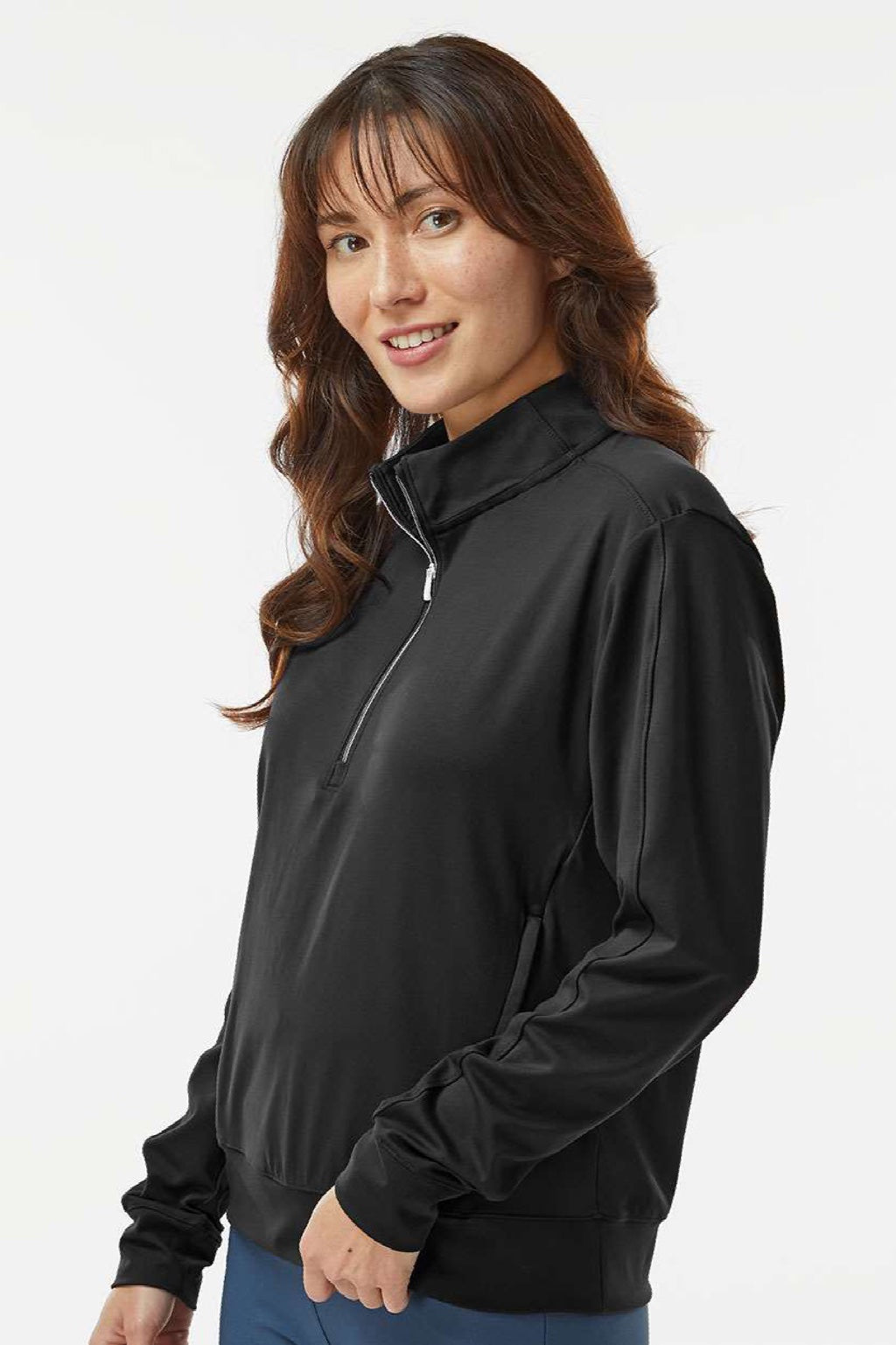 Adidas A1002 Womens Ultimate365 1/4 Zip Sweatshirt w/ Pockets Black Model Side