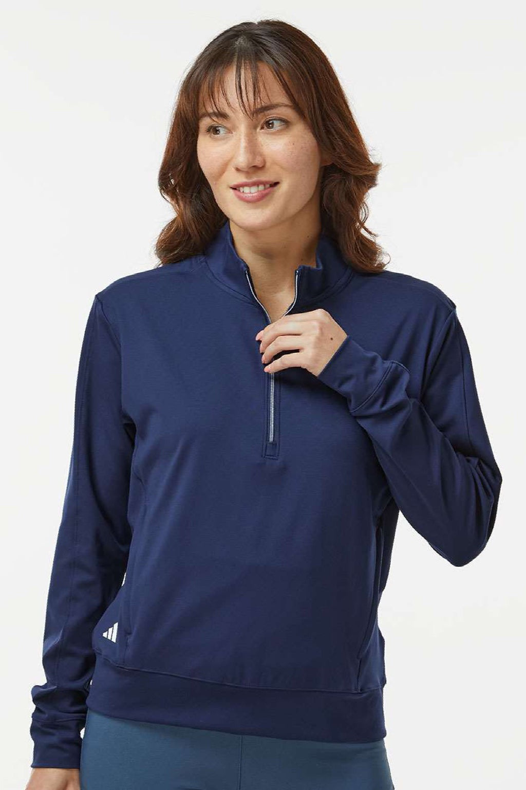 Adidas A1002 Womens Ultimate365 1/4 Zip Sweatshirt w/ Pockets Collegiate Navy Blue Model Front