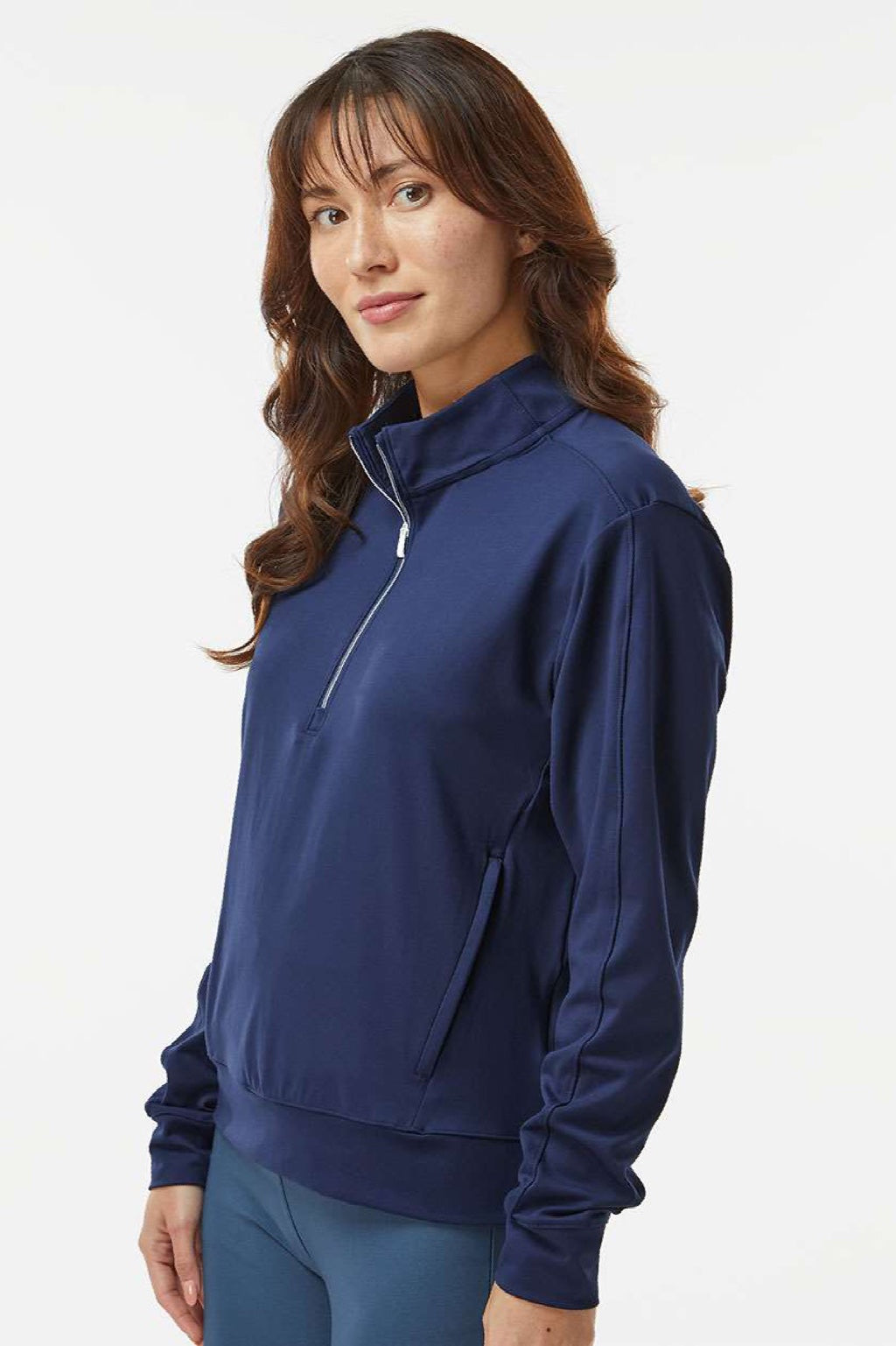 Adidas A1002 Womens Ultimate365 1/4 Zip Sweatshirt w/ Pockets Collegiate Navy Blue Model Side