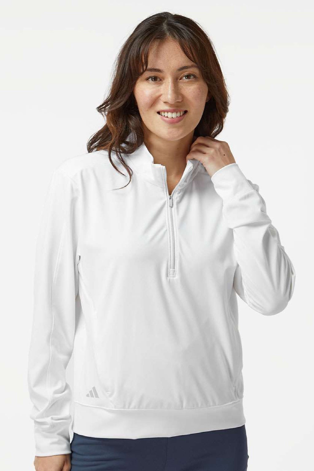 Adidas A1002 Womens Ultimate365 1/4 Zip Sweatshirt w/ Pockets White Model Front