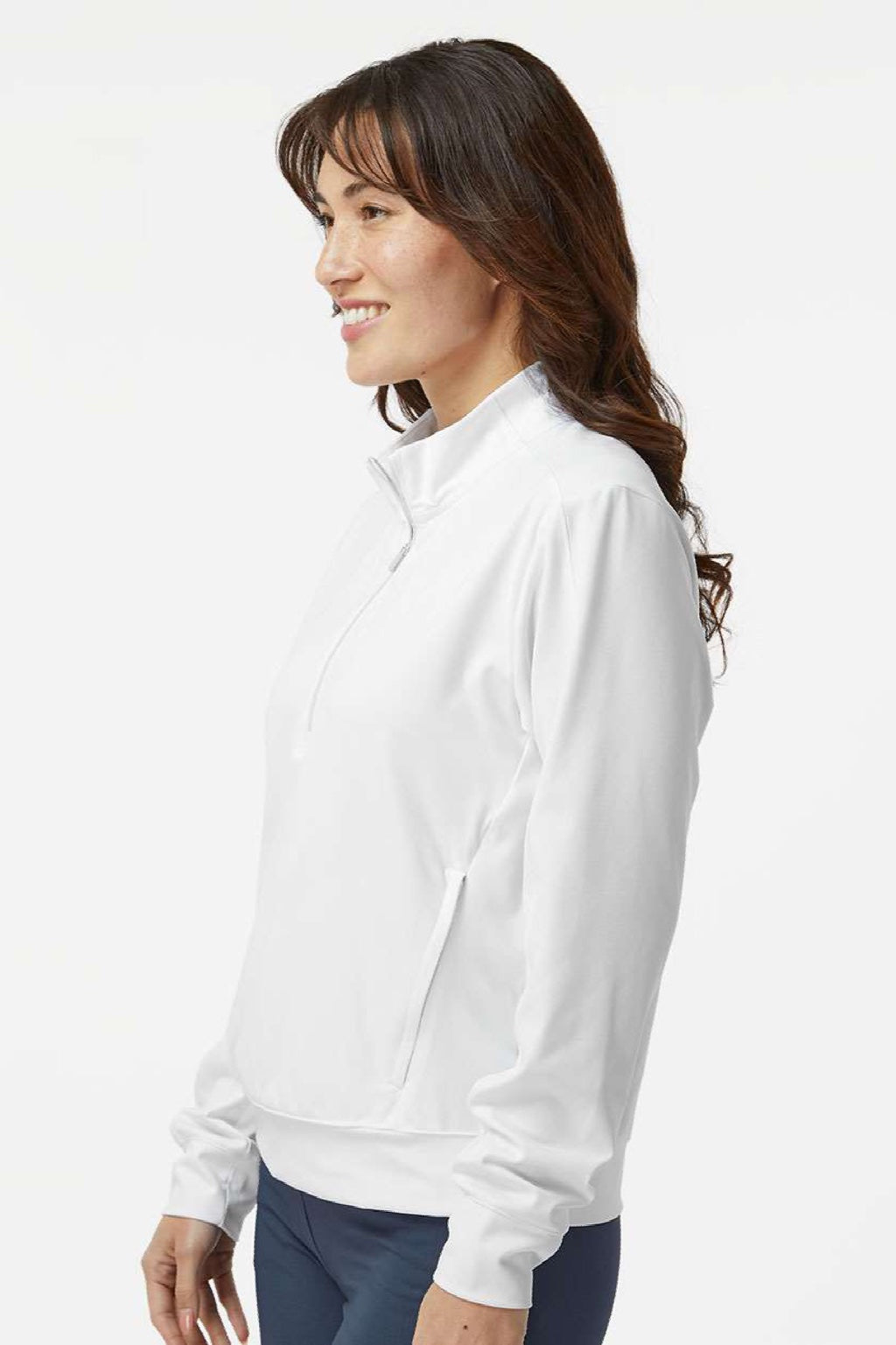 Adidas A1002 Womens Ultimate365 1/4 Zip Sweatshirt w/ Pockets White Model Side