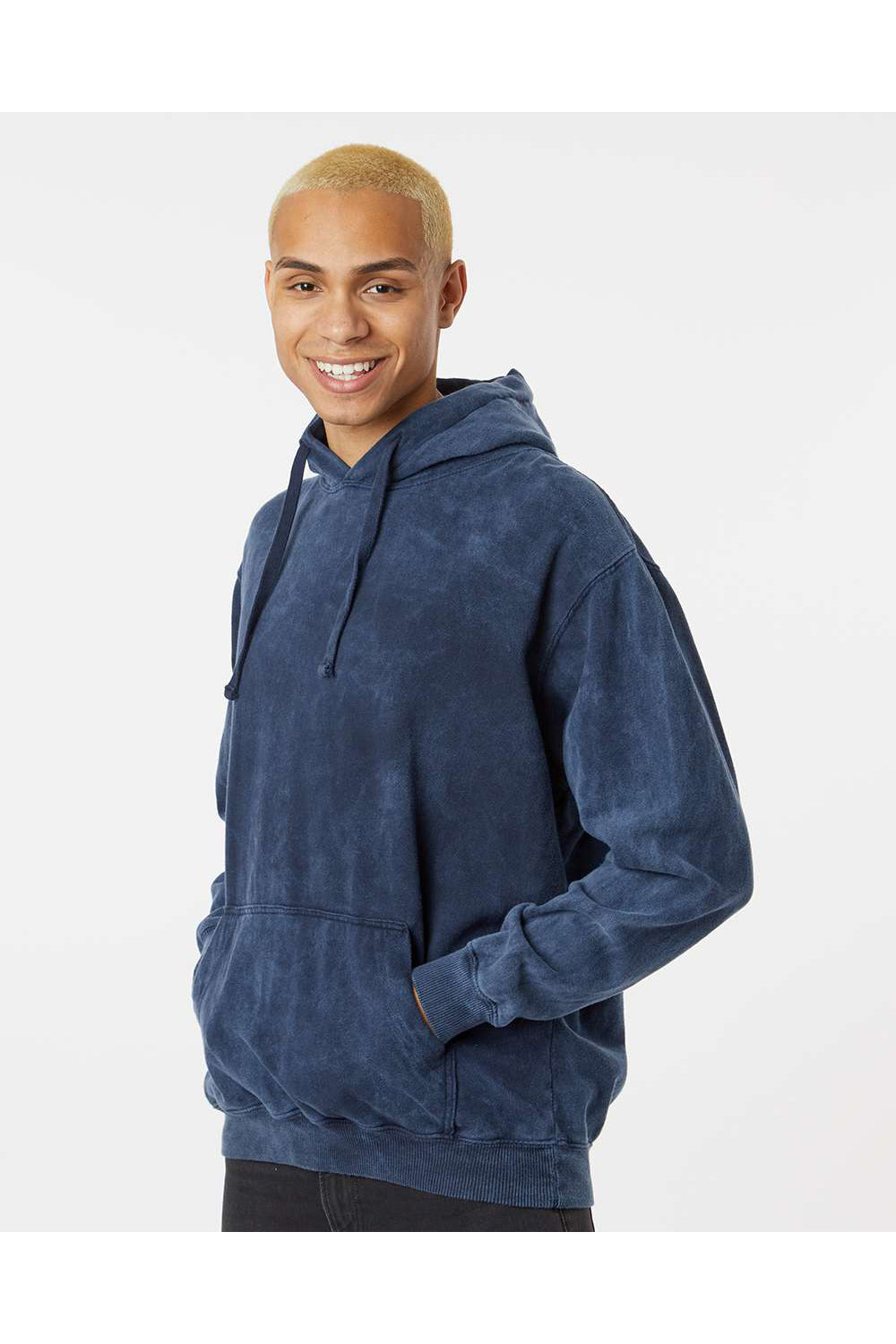 Dyenomite 854MW Mens Premium Fleece Mineral Wash Hooded Sweatshirt Hoodie Midnight Blue Model Side