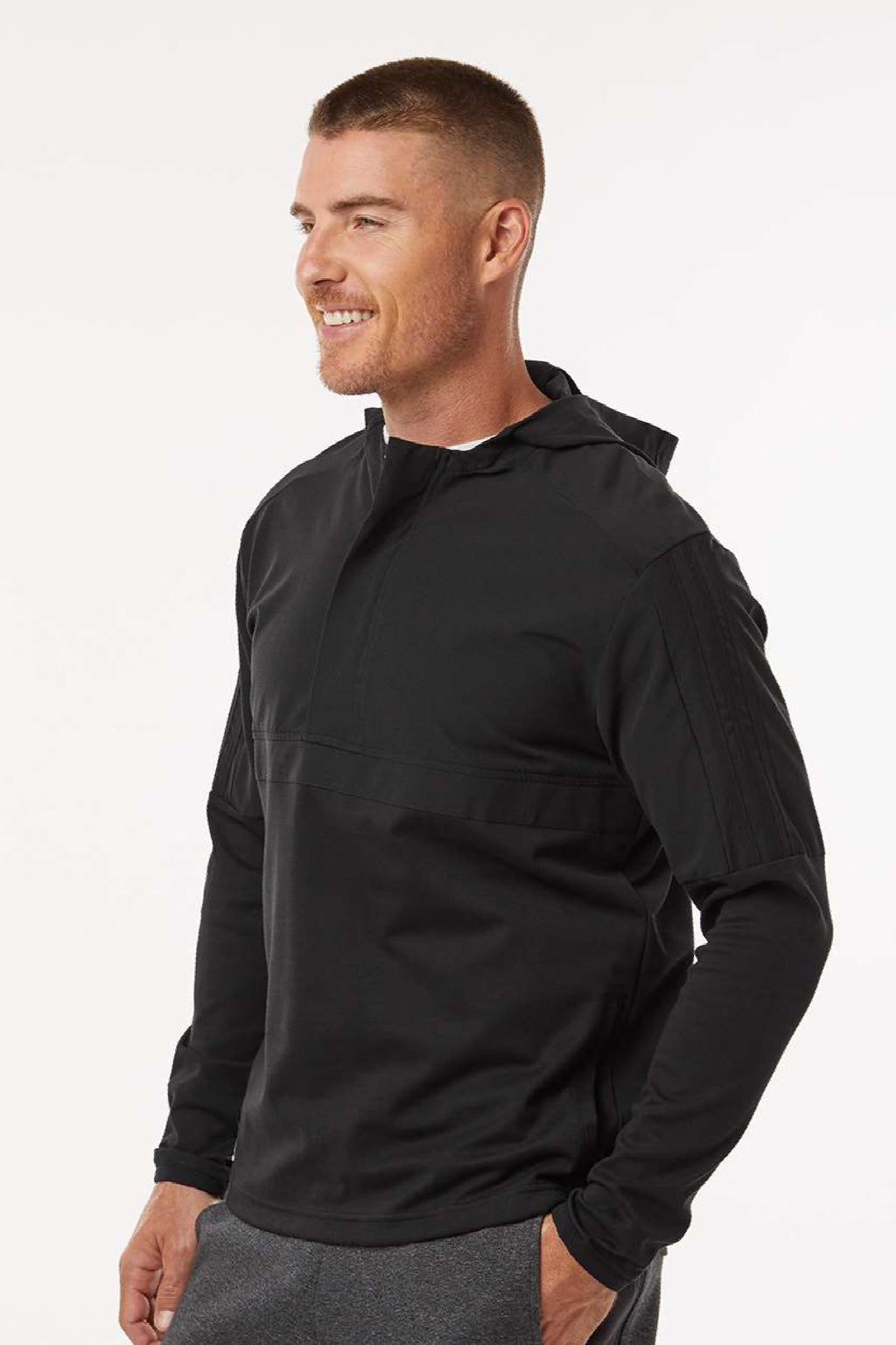 Adidas A607 Mens 1/4 Zip Hooded Anorak Jacket Black Model Side