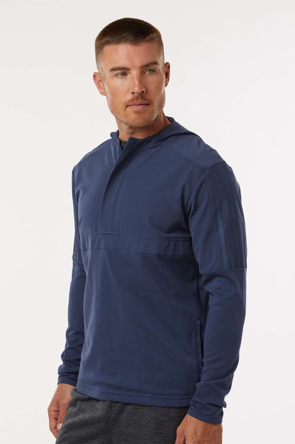 Adidas A607 Mens 1/4 Zip Hooded Anorak Jacket Crew Navy Blue Model Side