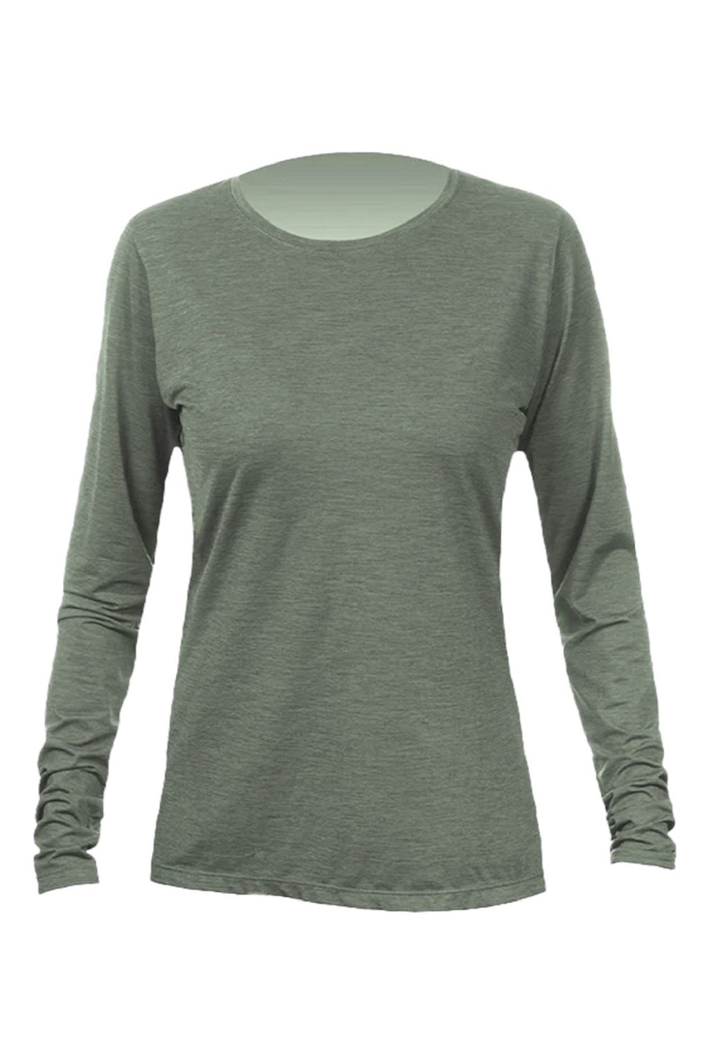 Anetik WSBRZL0 Womens Breeze Tech Long Sleeve Crewneck T-Shirt Heather Dark Olive Green Flat Front