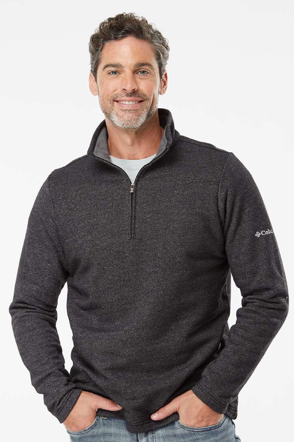 Columbia 212487 Mens Great Hart Mountain III 1/4 Zip Sweatshirt Heather Black Model Front
