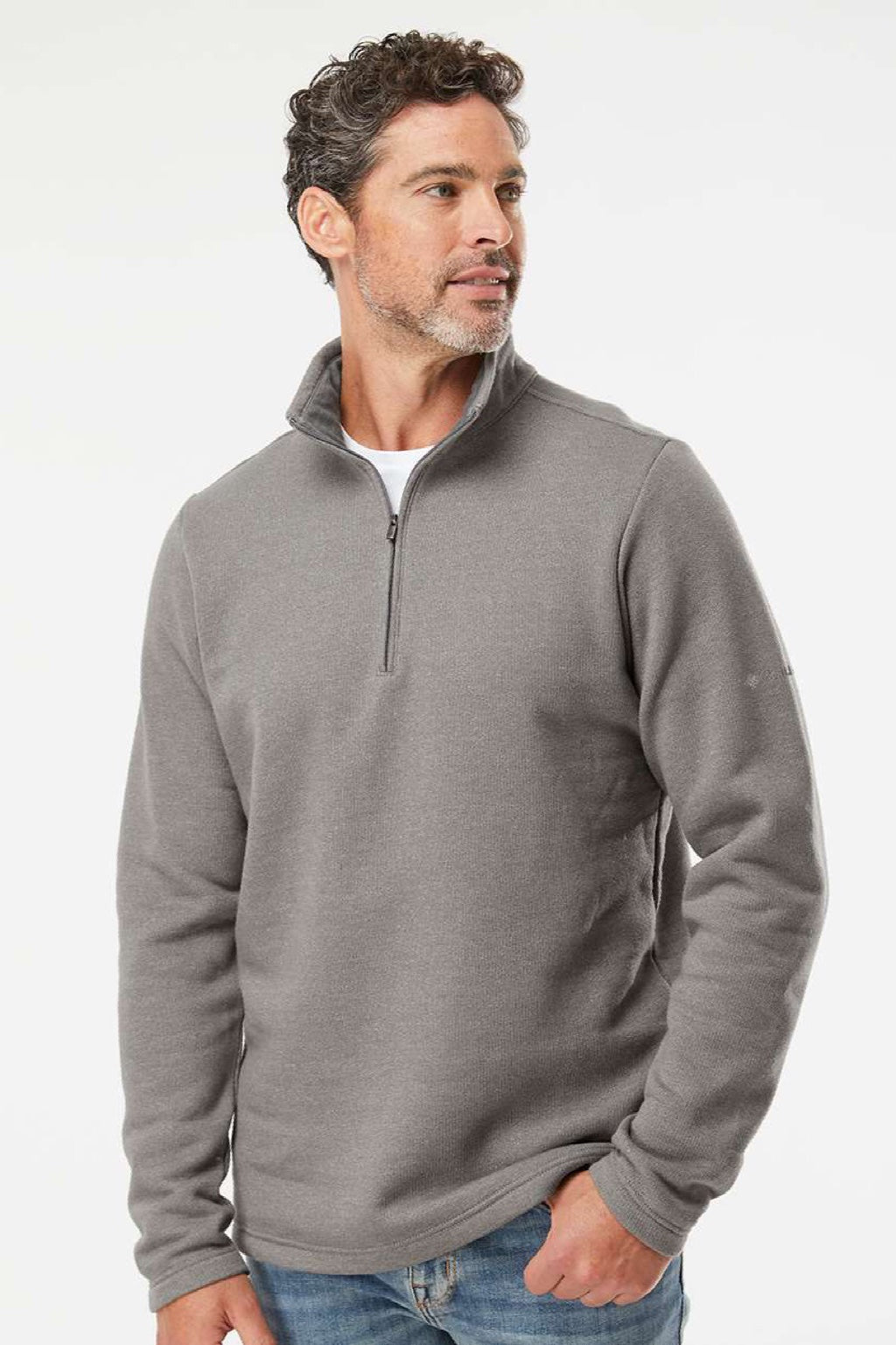 Columbia 212487 Mens Great Hart Mountain III 1/4 Zip Sweatshirt Heather Boulder Grey Model Front