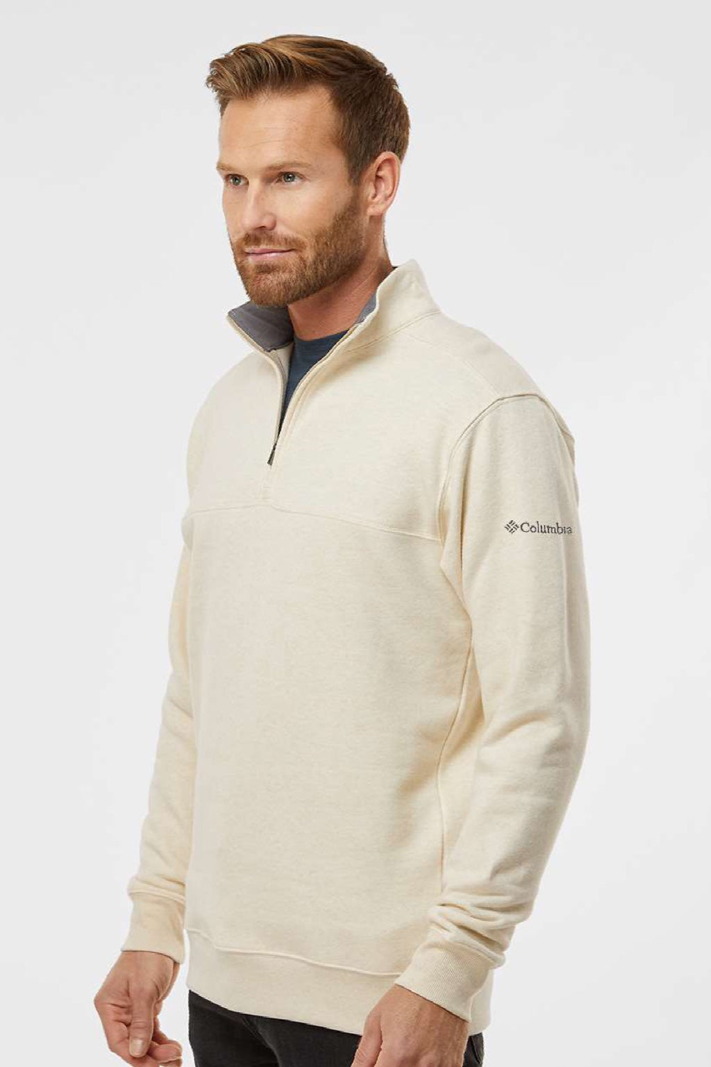 Columbia 212475 Mens Hart Mountain II 1/4 Zip Sweatshirt Heather Oatmeal Model Side