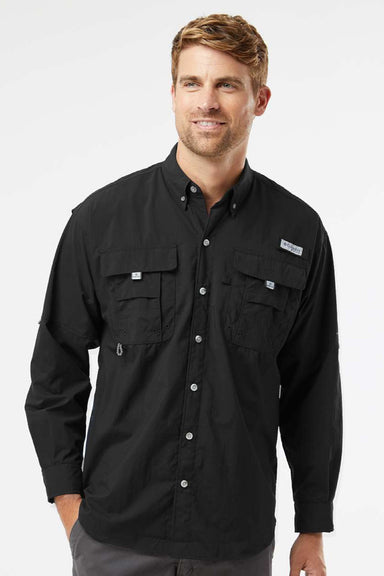 Columbia 212463 Mens PFG Bahama II Long Sleeve Button Down Shirt w/ Double Pockets Black Model Front