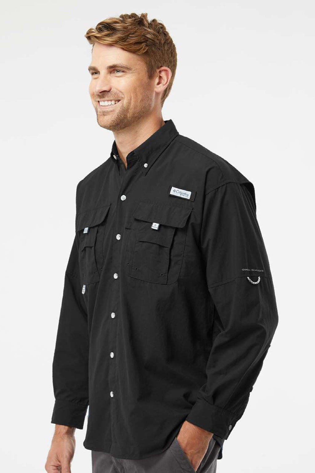 Columbia 212463 Mens PFG Bahama II Long Sleeve Button Down Shirt w/ Double Pockets Black Model Side