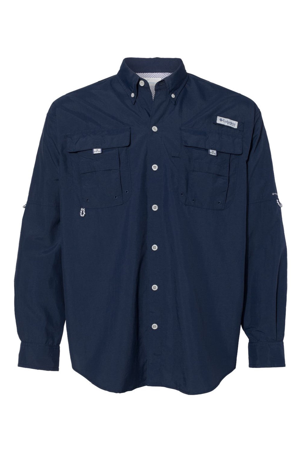 Columbia 212463 Mens PFG Bahama II Long Sleeve Button Down Shirt w/ Double Pockets Collegiate Navy Blue Flat Front