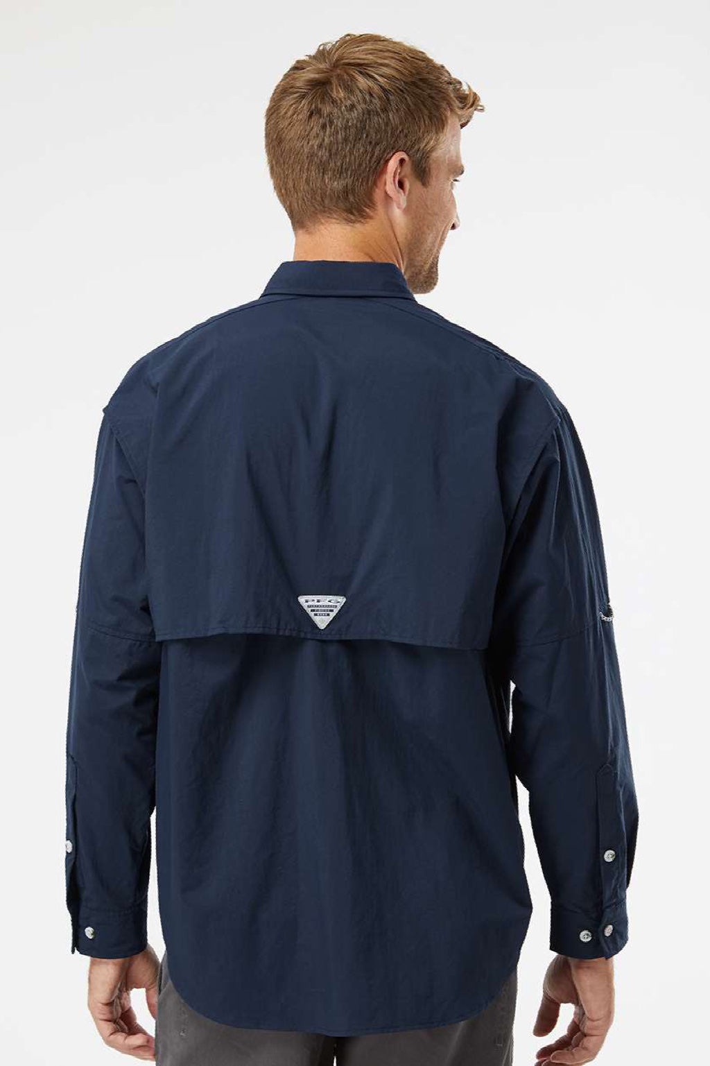 Columbia 212463 Mens PFG Bahama II Long Sleeve Button Down Shirt w/ Double Pockets Collegiate Navy Blue Model Back