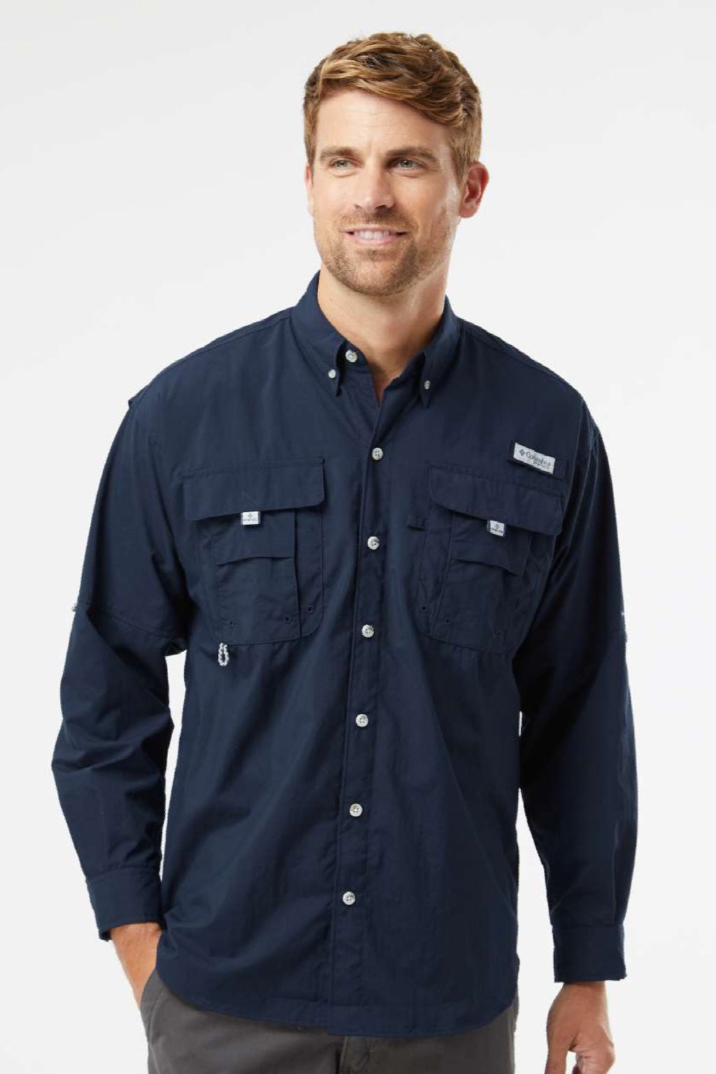 Columbia 212463 Mens PFG Bahama II Long Sleeve Button Down Shirt w/ Double Pockets Collegiate Navy Blue Model Front