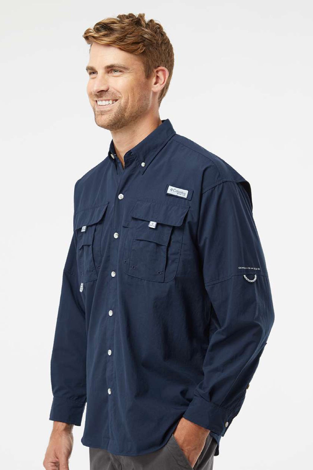 Columbia 212463 Mens PFG Bahama II Long Sleeve Button Down Shirt w/ Double Pockets Collegiate Navy Blue Model Side