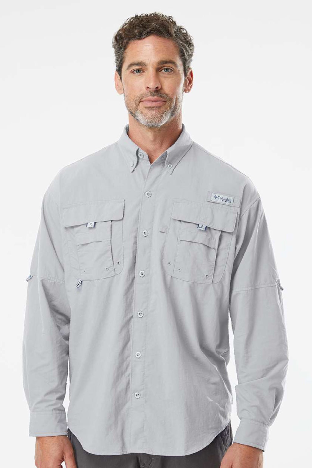 Columbia 212463 Mens PFG Bahama II Long Sleeve Button Down Shirt w/ Double Pockets Cool Grey Model Front