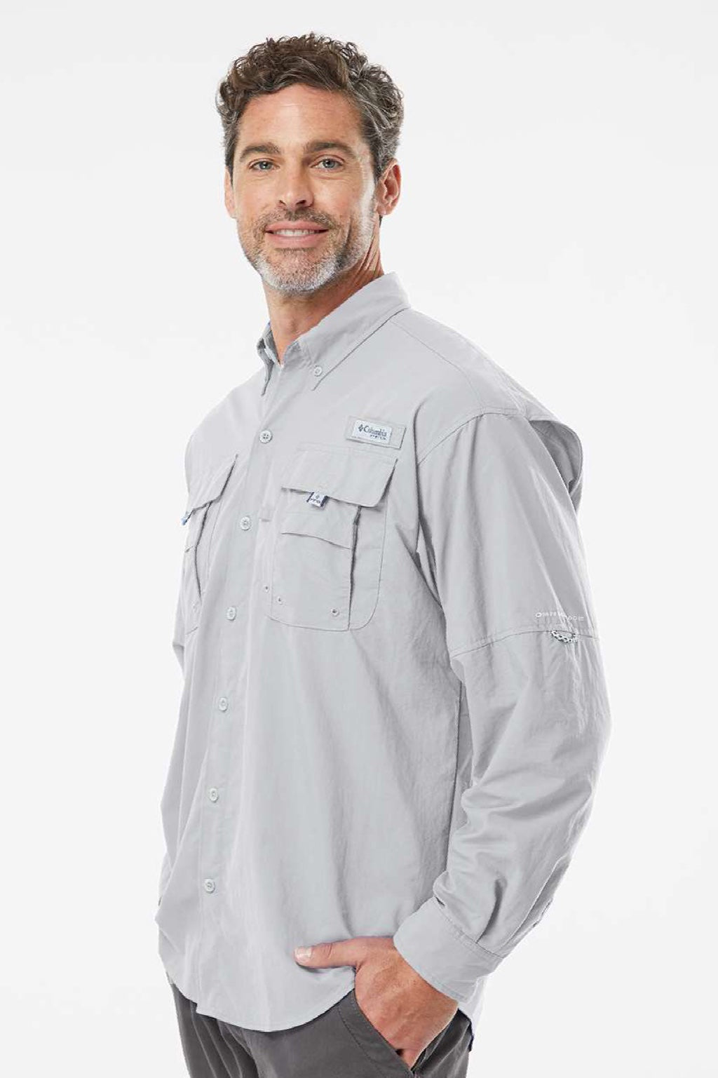 Columbia 212463 Mens PFG Bahama II Long Sleeve Button Down Shirt w/ Double Pockets Cool Grey Model Side