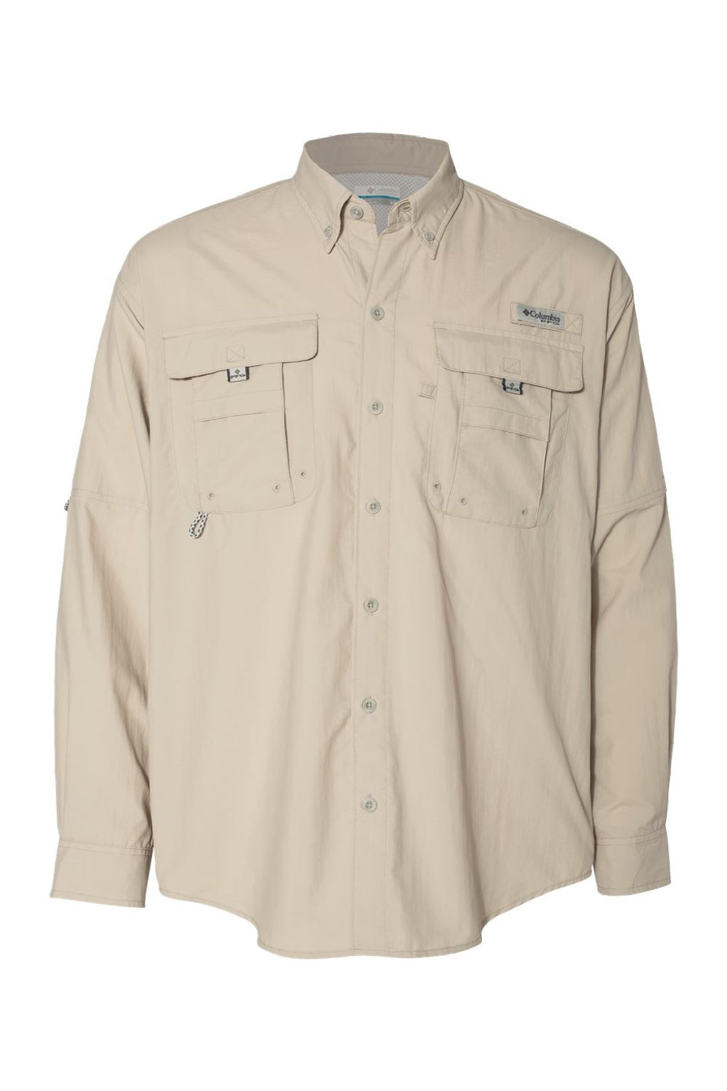Columbia 212463 Mens PFG Bahama II Long Sleeve Button Down Shirt w/ Double Pockets Fossil Flat Front