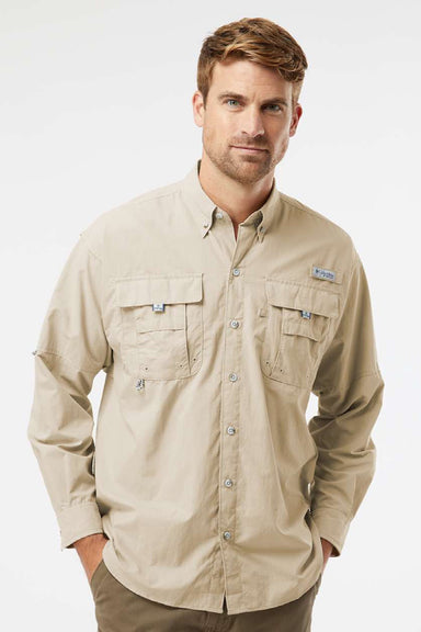 Columbia 212463 Mens PFG Bahama II Long Sleeve Button Down Shirt w/ Double Pockets Fossil Model Front