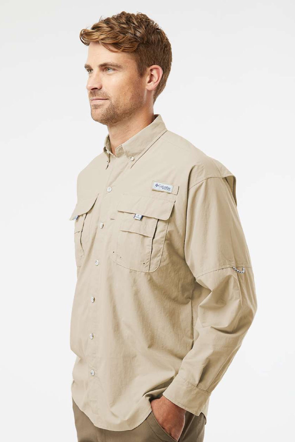 Columbia 212463 Mens PFG Bahama II Long Sleeve Button Down Shirt w/ Double Pockets Fossil Model Side