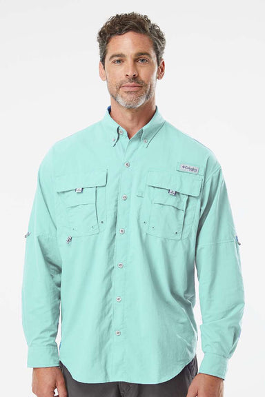 Columbia 212463 Mens PFG Bahama II Long Sleeve Button Down Shirt w/ Double Pockets Gulf Stream Green Model Front