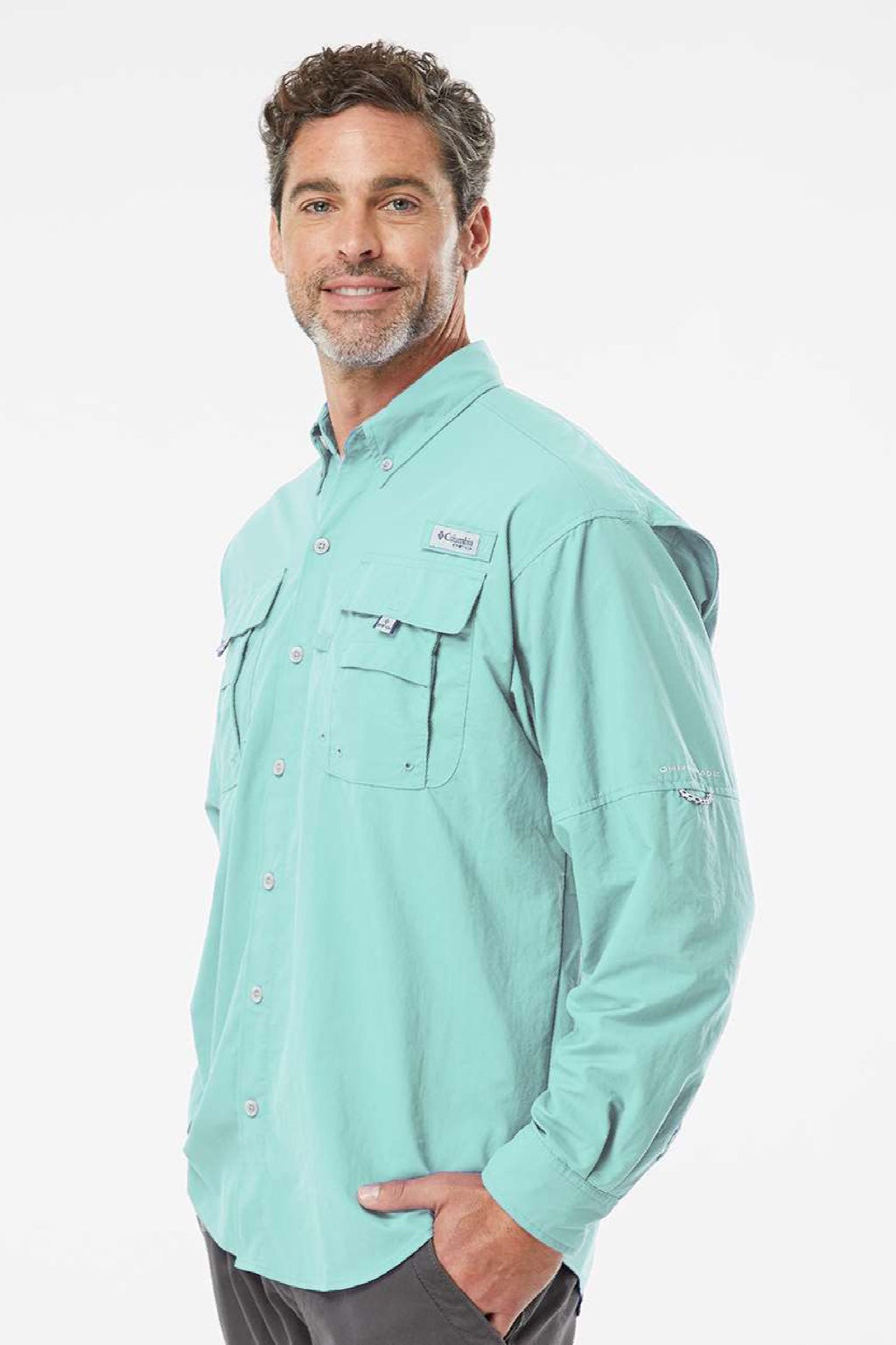 Columbia 212463 Mens PFG Bahama II Long Sleeve Button Down Shirt w/ Double Pockets Gulf Stream Green Model Side