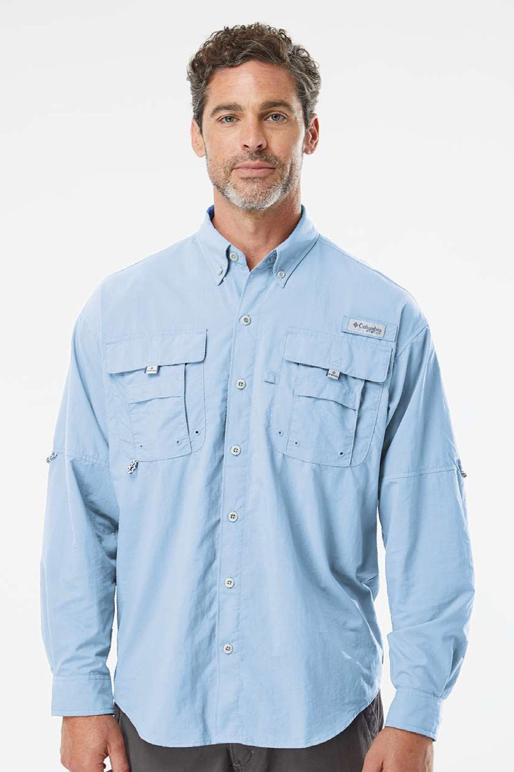 Columbia 212463 Mens PFG Bahama II Long Sleeve Button Down Shirt w/ Double Pockets Sail Blue Model Front