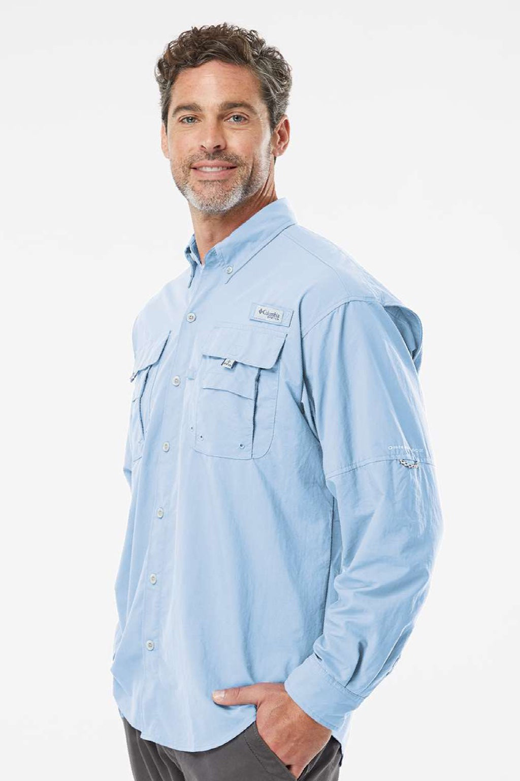 Columbia 212463 Mens PFG Bahama II Long Sleeve Button Down Shirt w/ Double Pockets Sail Blue Model Side