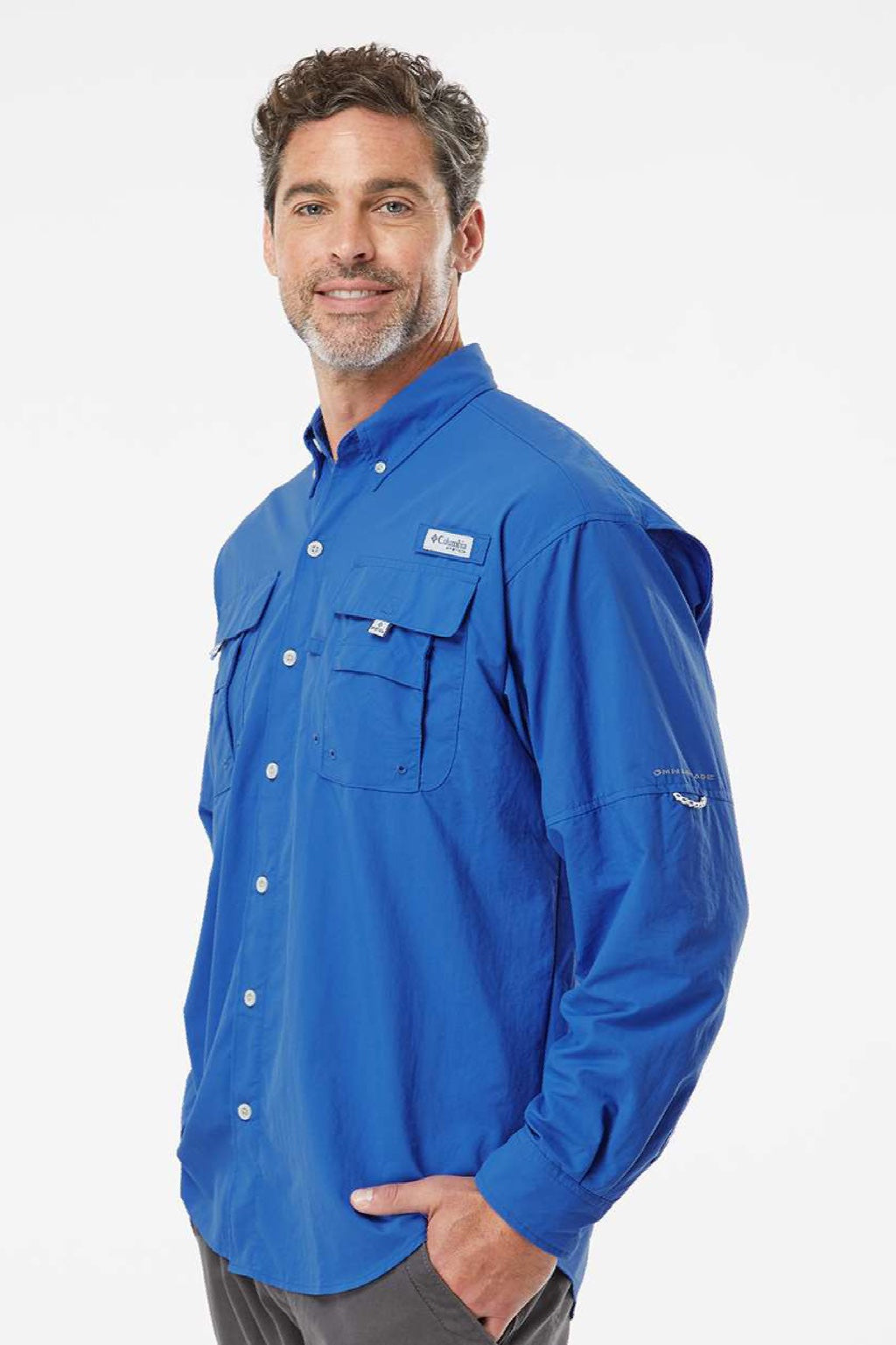 Columbia 212463 Mens PFG Bahama II Long Sleeve Button Down Shirt w/ Double Pockets Vivid Blue Model Side