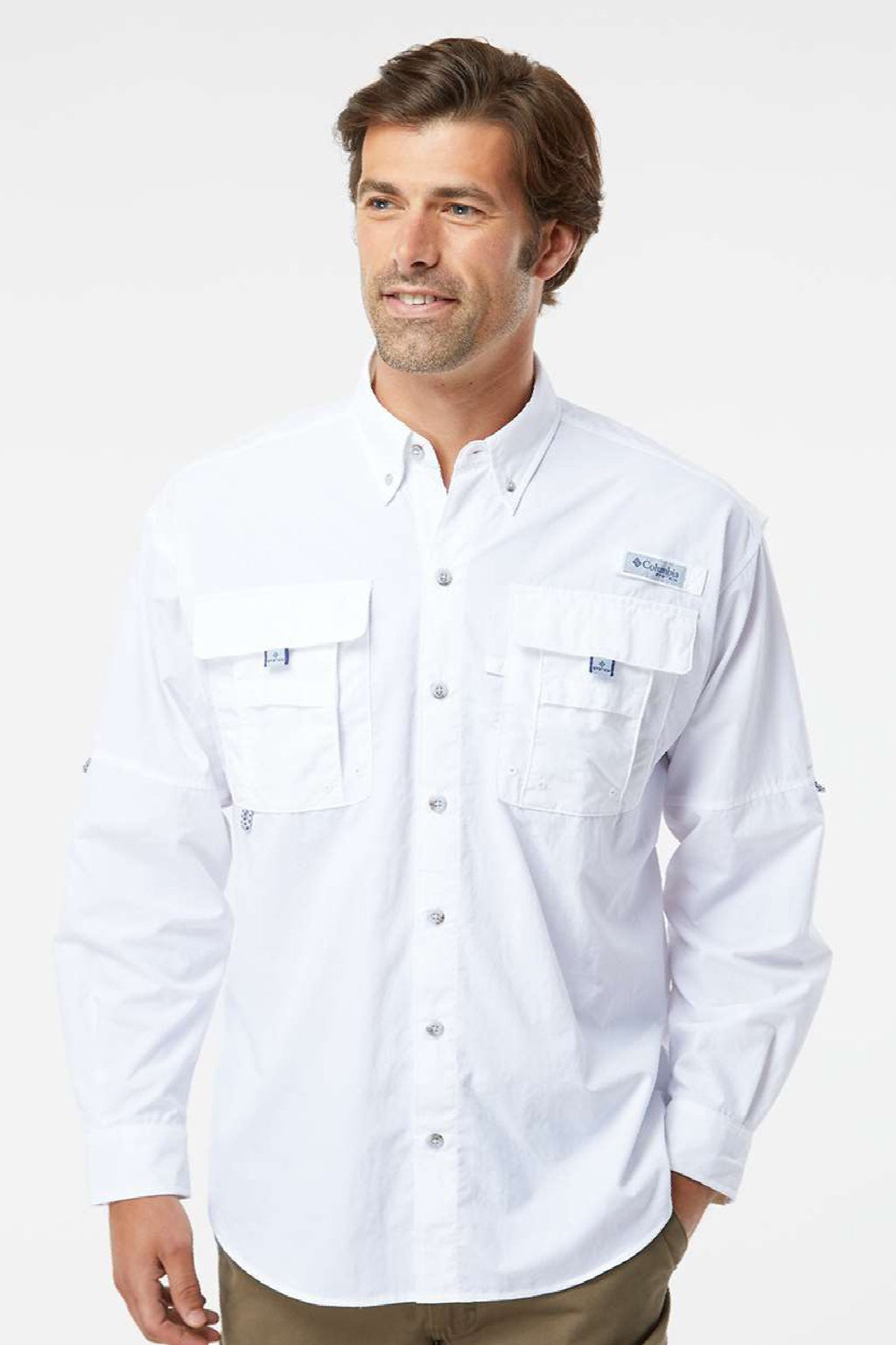 Columbia 212463 Mens PFG Bahama II Long Sleeve Button Down Shirt w/ Double Pockets White Model Front