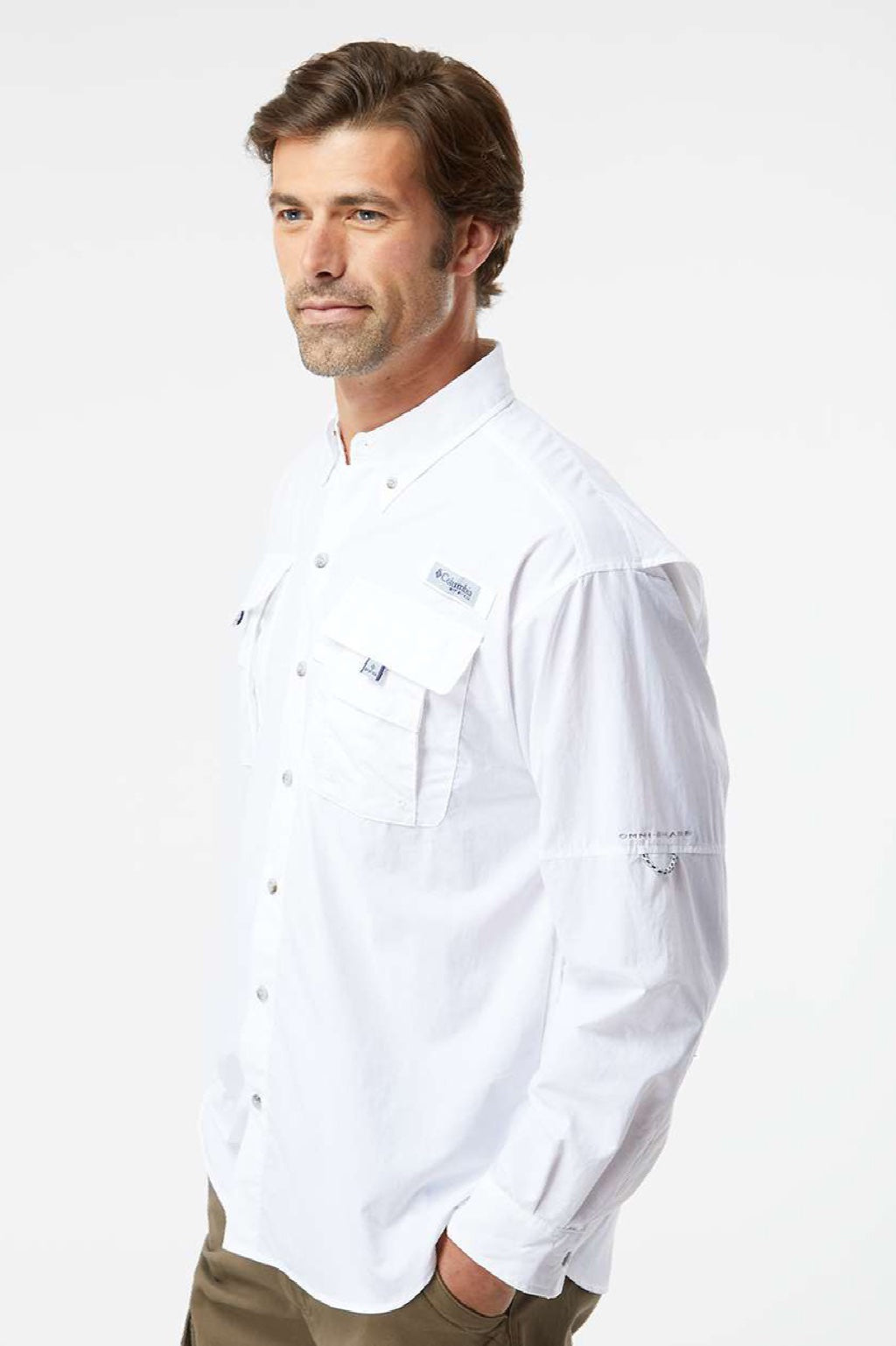 Columbia 212463 Mens PFG Bahama II Long Sleeve Button Down Shirt w/ Double Pockets White Model Side