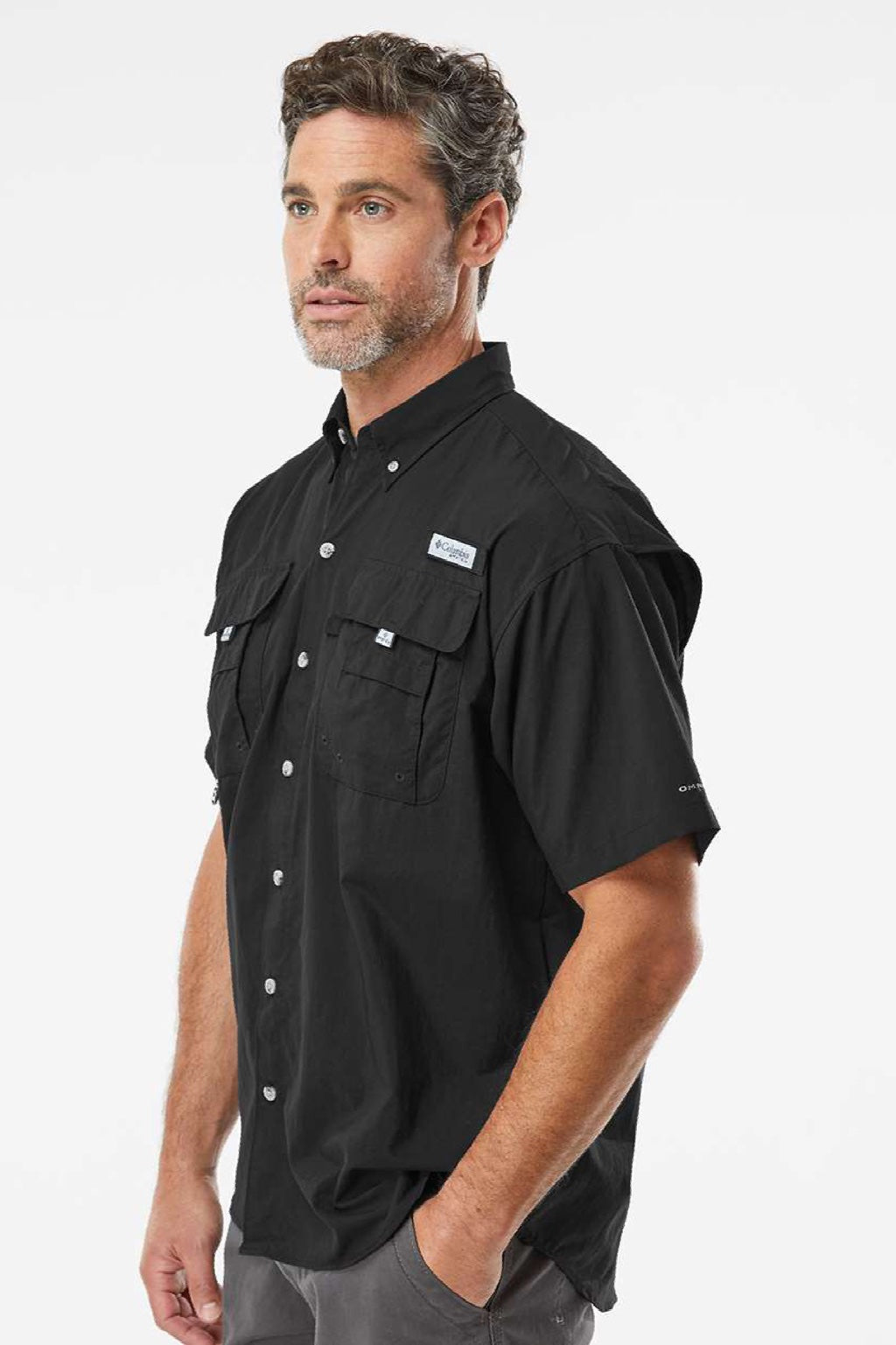 Columbia 212464 Mens PFG Bahama II Short Sleeve Button Down Shirt w/ Double Pockets Black Model Side