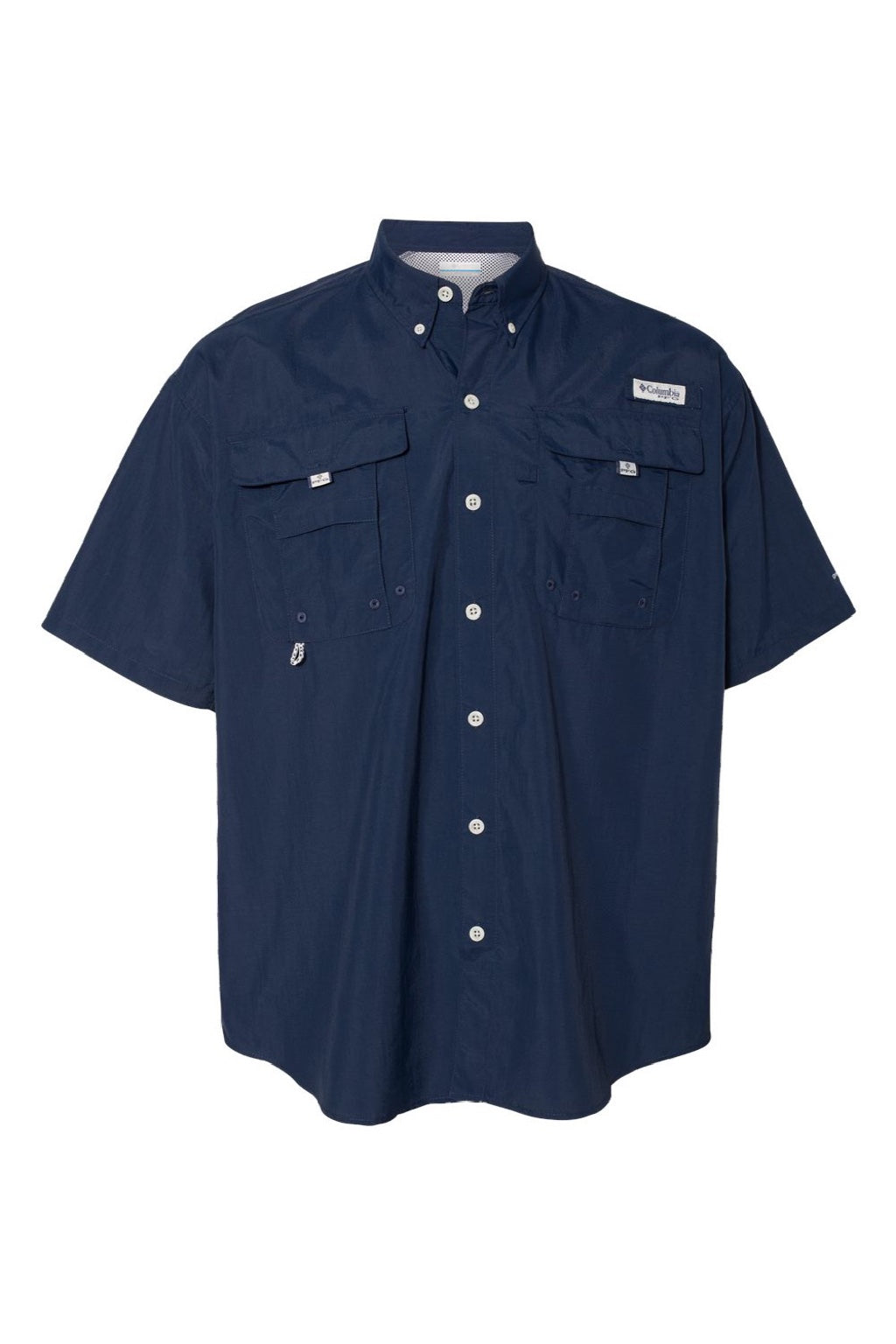 Columbia 212464 Mens PFG Bahama II Short Sleeve Button Down Shirt w/ Double Pockets Collegiate Navy Blue Flat Front