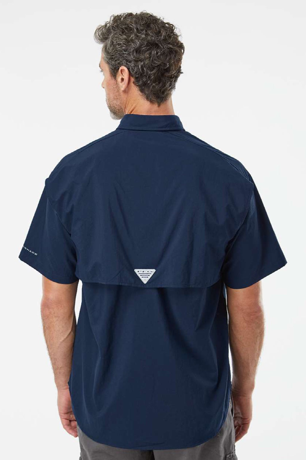 Columbia 212464 Mens PFG Bahama II Short Sleeve Button Down Shirt w/ Double Pockets Collegiate Navy Blue Model Back