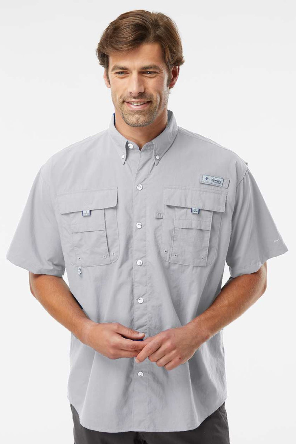Columbia 212464 Mens PFG Bahama II Short Sleeve Button Down Shirt w/ Double Pockets Cool Grey Model Front