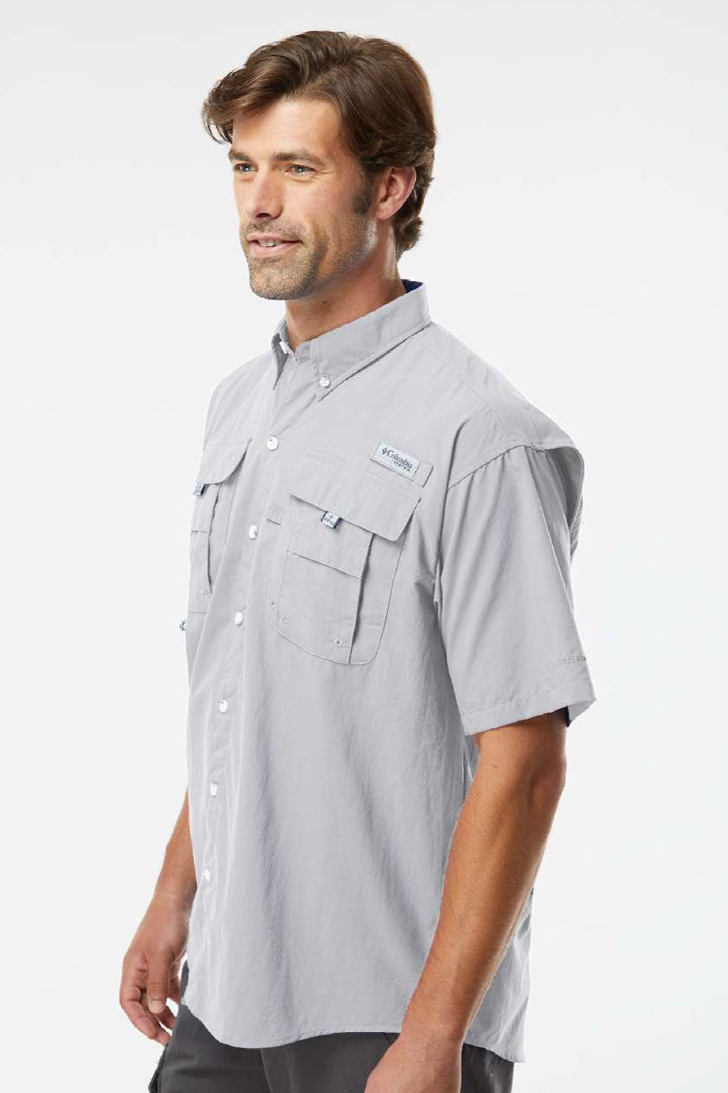Columbia 212464 Mens PFG Bahama II Short Sleeve Button Down Shirt w/ Double Pockets Cool Grey Model Side