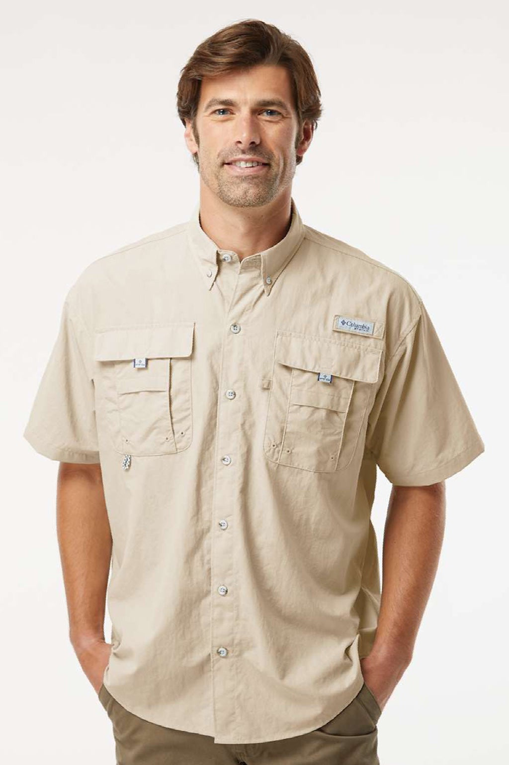 Columbia 212464 Mens PFG Bahama II Short Sleeve Button Down Shirt w/ Double Pockets Fossil Model Front