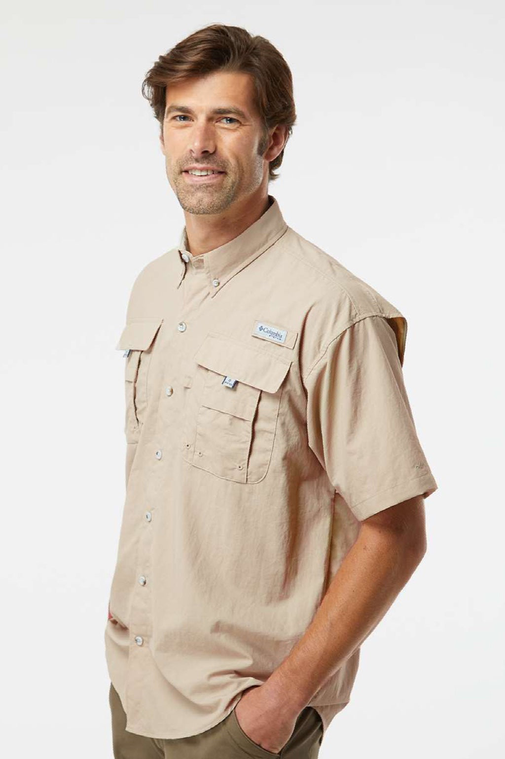 Columbia 212464 Mens PFG Bahama II Short Sleeve Button Down Shirt w/ Double Pockets Fossil Model Side