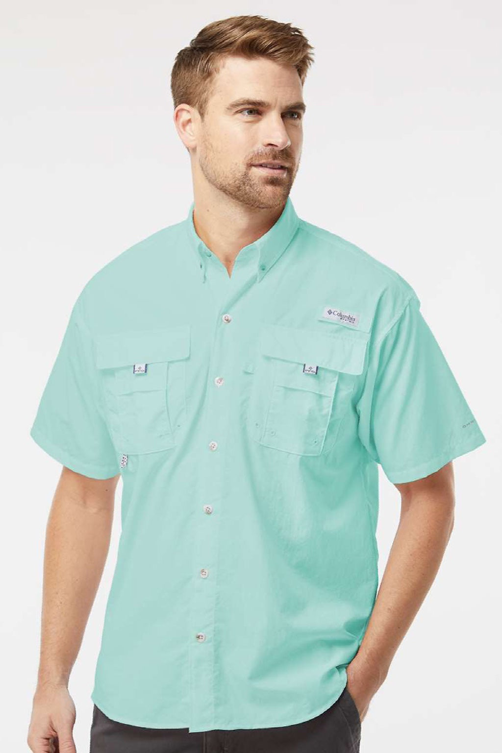 Columbia 212464 Mens PFG Bahama II Short Sleeve Button Down Shirt w/ Double Pockets Gulf Stream Green Model Front
