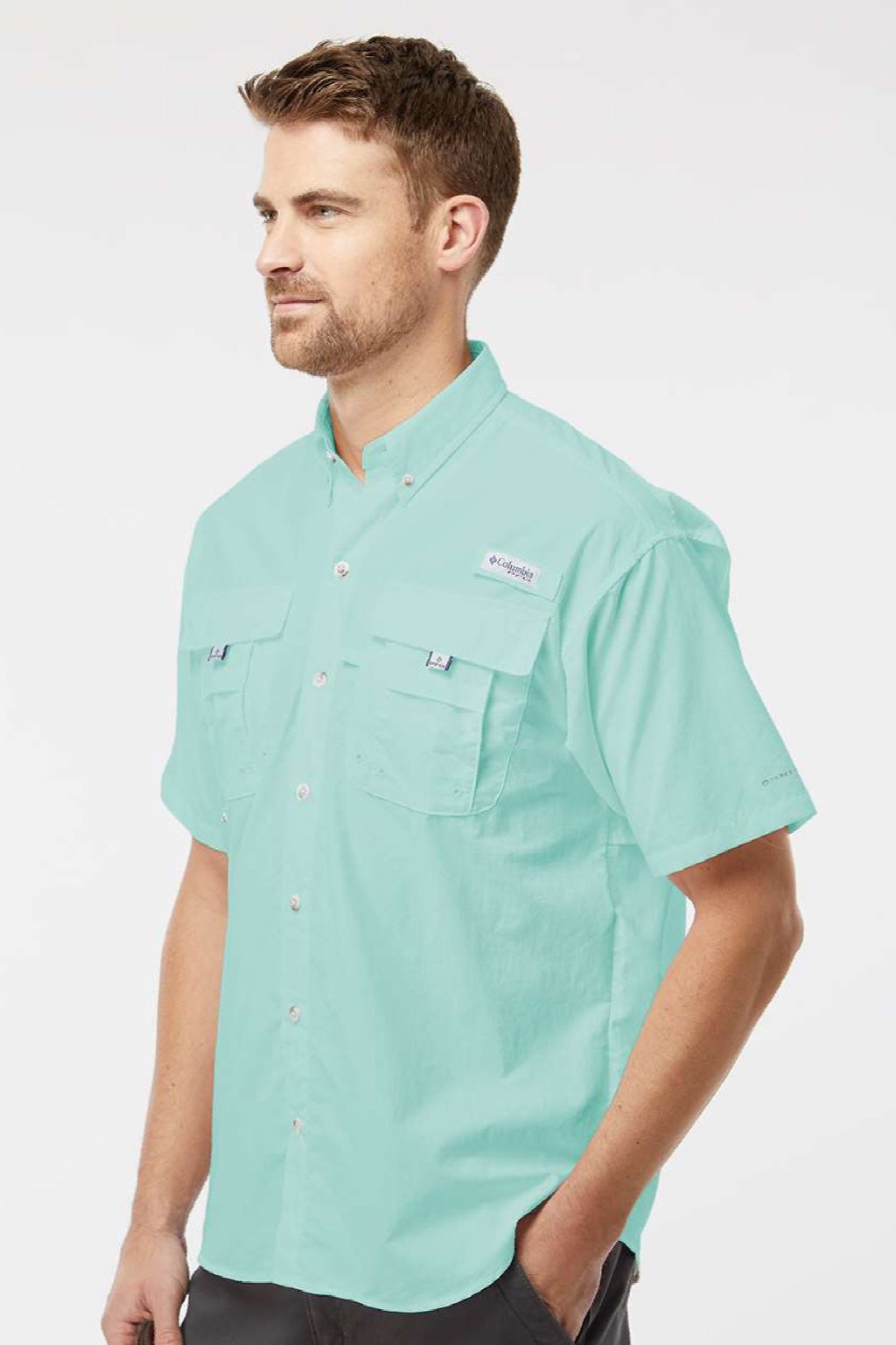 Columbia 212464 Mens PFG Bahama II Short Sleeve Button Down Shirt w/ Double Pockets Gulf Stream Green Model Side