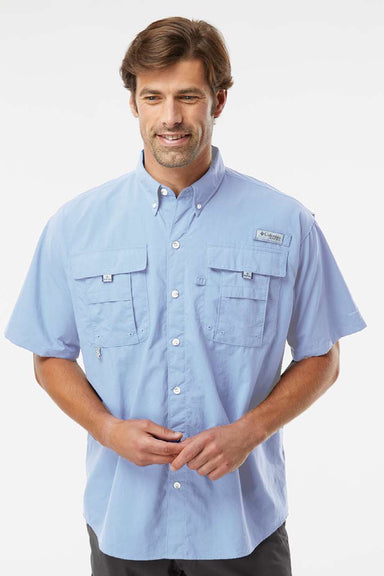 Columbia 212464 Mens PFG Bahama II Short Sleeve Button Down Shirt w/ Double Pockets Sail Blue Model Front