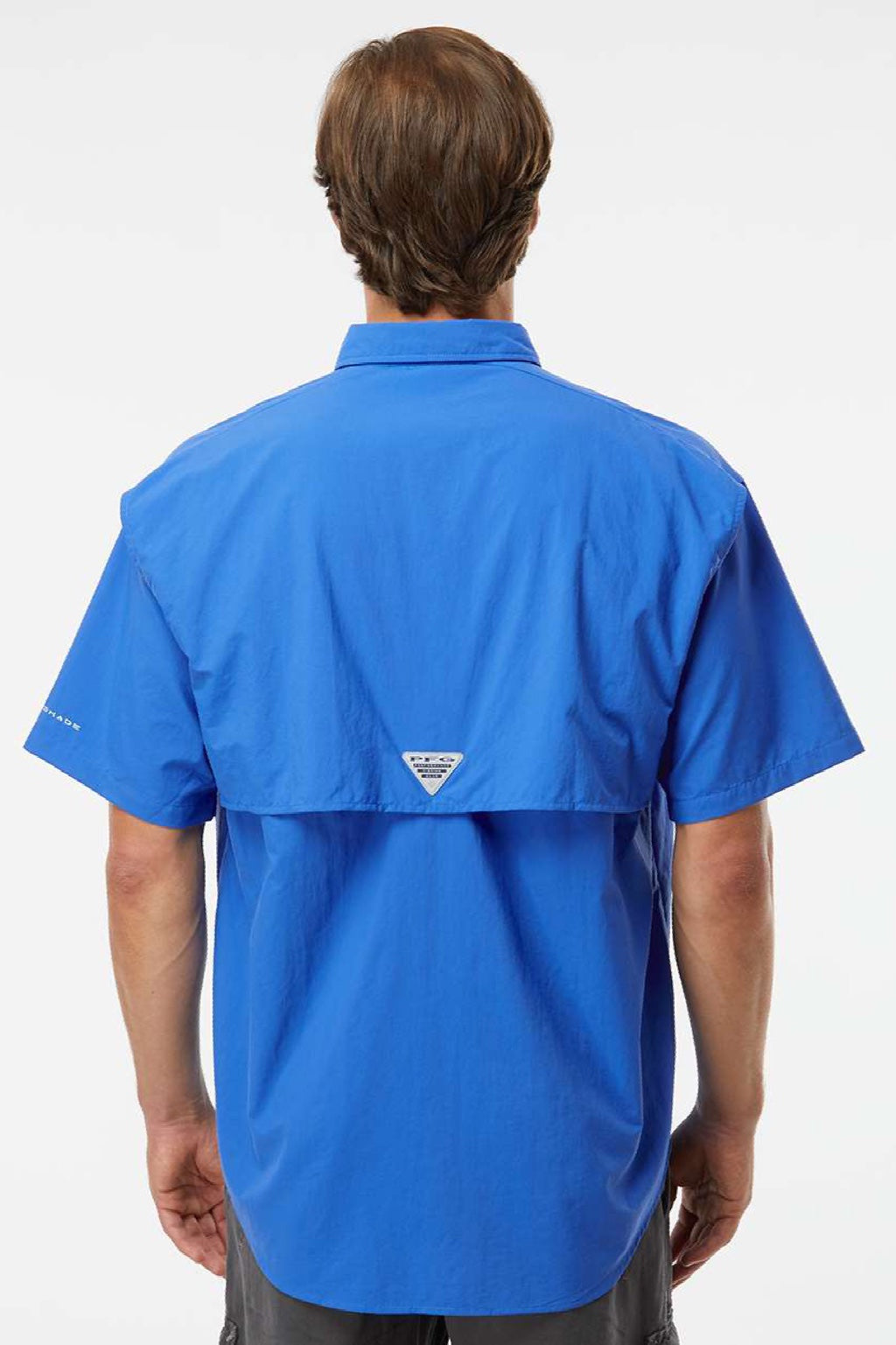 Columbia 212464 Mens PFG Bahama II Short Sleeve Button Down Shirt w/ Double Pockets Vivid Blue Model Back