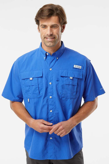 Columbia 212464 Mens PFG Bahama II Short Sleeve Button Down Shirt w/ Double Pockets Vivid Blue Model Front