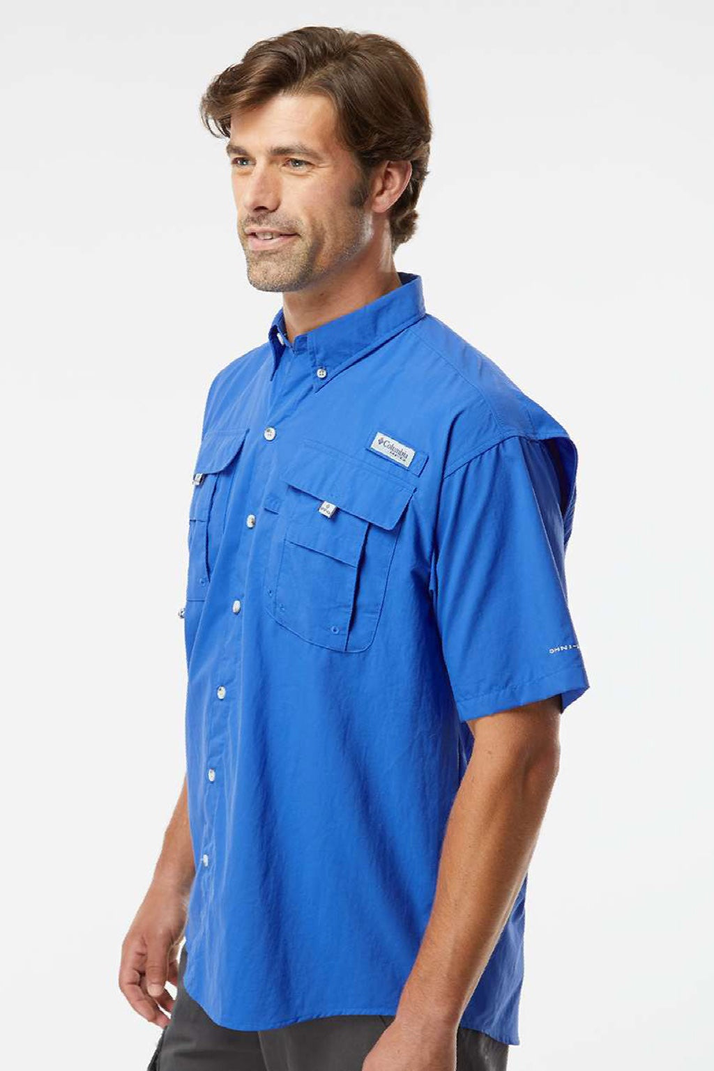 Columbia 212464 Mens PFG Bahama II Short Sleeve Button Down Shirt w/ Double Pockets Vivid Blue Model Side