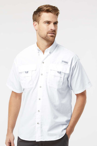 Columbia 212464 Mens PFG Bahama II Short Sleeve Button Down Shirt w/ Double Pockets White Model Front