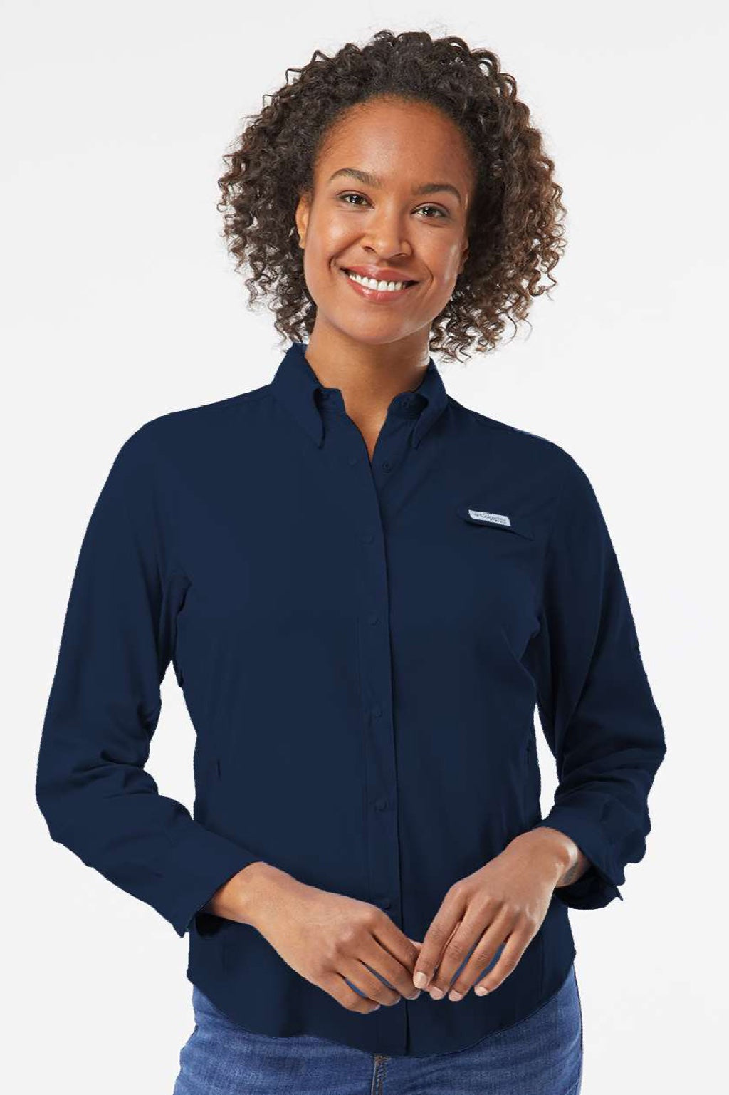 Columbia 212465 Womens PFG Tamiami II Long Sleeve Button Down Shirt Collegiate Navy Blue Model Front