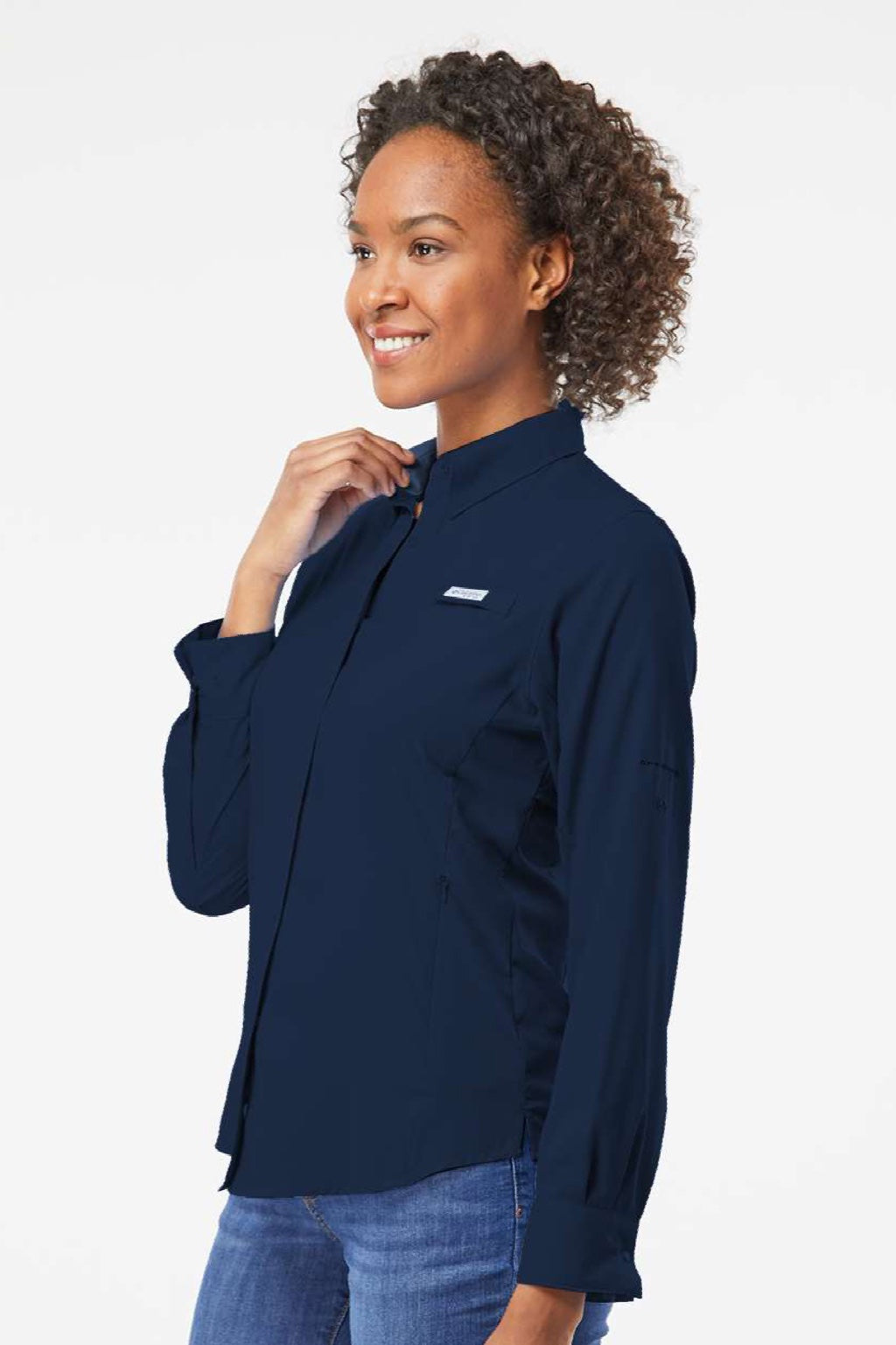 Columbia 212465 Womens PFG Tamiami II Long Sleeve Button Down Shirt Collegiate Navy Blue Model Side