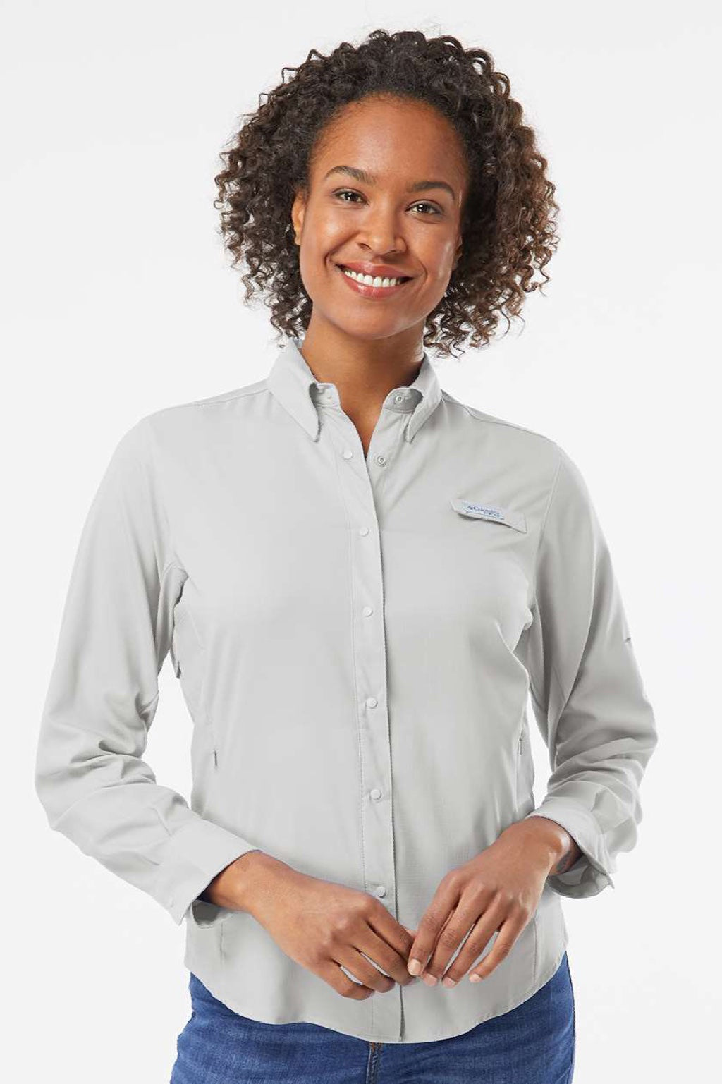 Columbia 212465 Womens PFG Tamiami II Long Sleeve Button Down Shirt Cool Grey Model Front