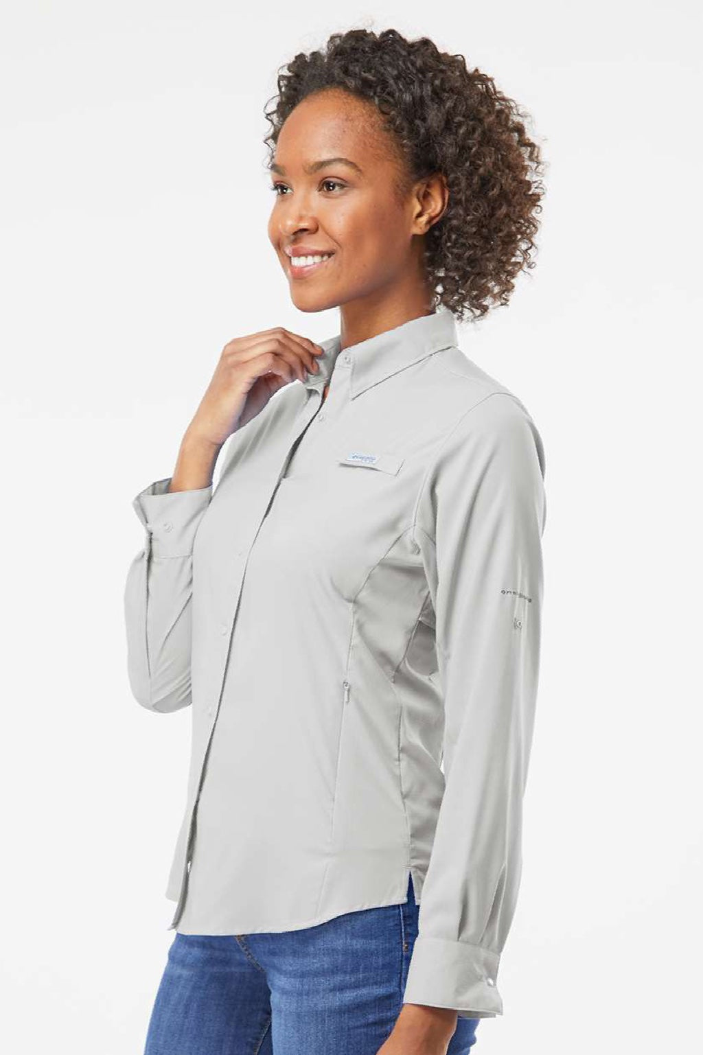 Columbia 212465 Womens PFG Tamiami II Long Sleeve Button Down Shirt Cool Grey Model Side