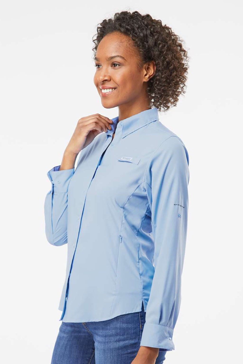 Columbia 212465 Womens PFG Tamiami II Long Sleeve Button Down Shirt Sail Blue Model Side