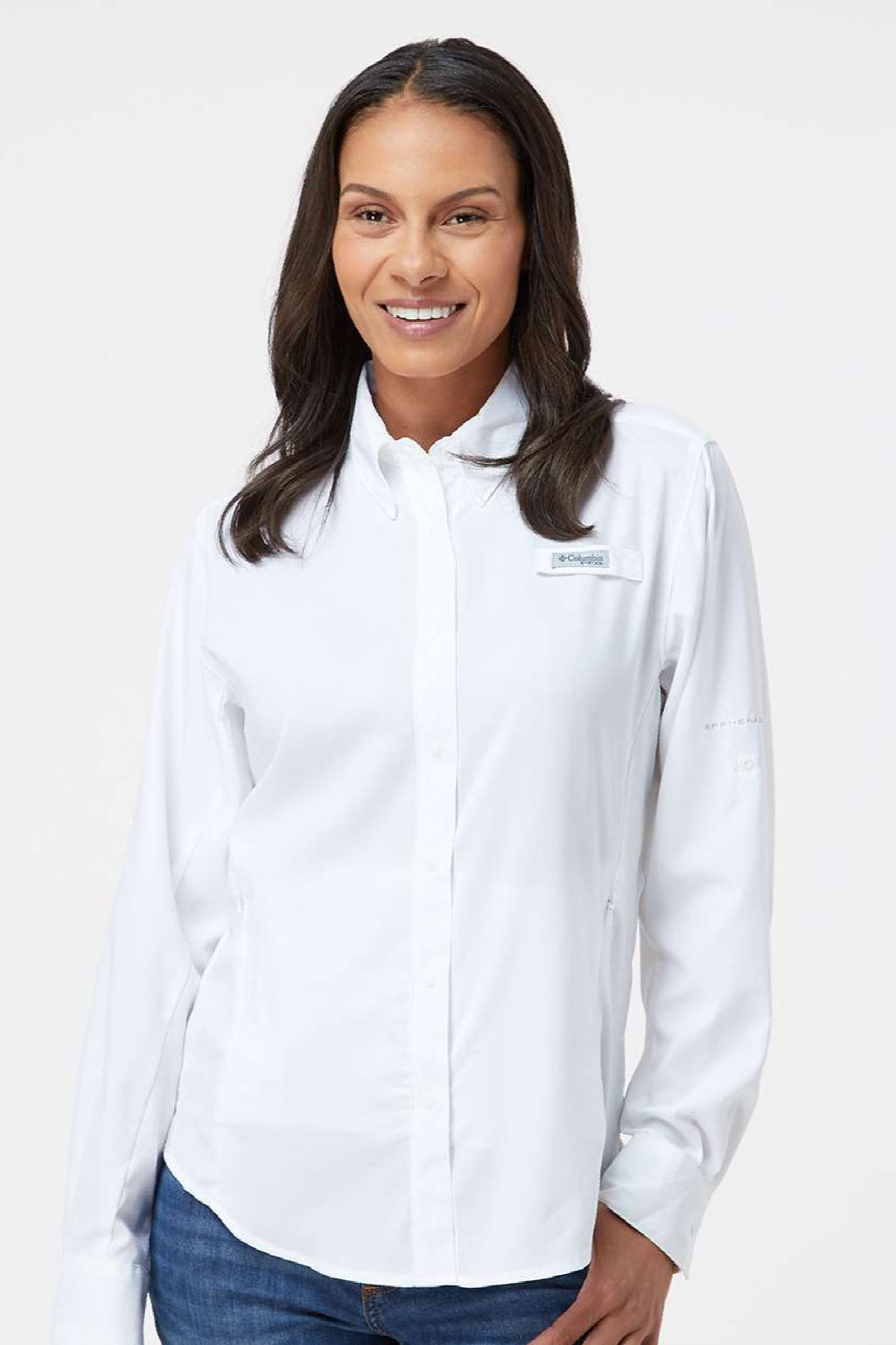 Columbia 212465 Womens PFG Tamiami II Long Sleeve Button Down Shirt White Model Front